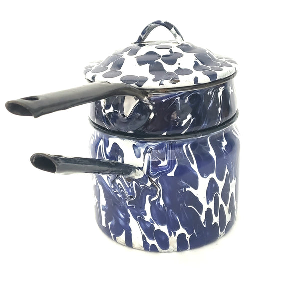 Vintage Blue and White Swirl Spatter Double Boiler