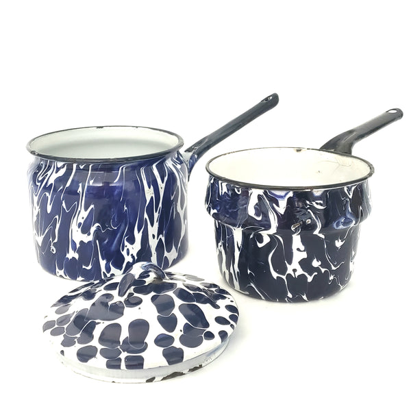 Vintage Blue and White Swirl Spatter Double Boiler