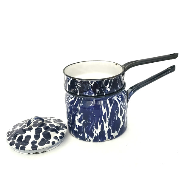 Vintage Blue and White Swirl Spatter Double Boiler