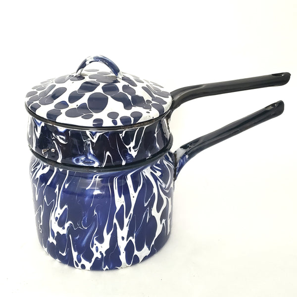 Vintage Blue and White Swirl Spatter Double Boiler