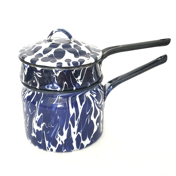 Vintage Blue and White Swirl Spatter Double Boiler
