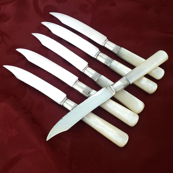 Antique Fruit Knives Mother of Pearl Handles Sterling Ferrule by GORHAM