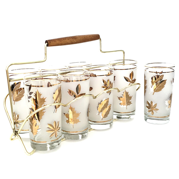 Mid Century Frosted Gold Leaves Glass Tumbler Set of 8 Metal Carrier Wood Grip by Libbey