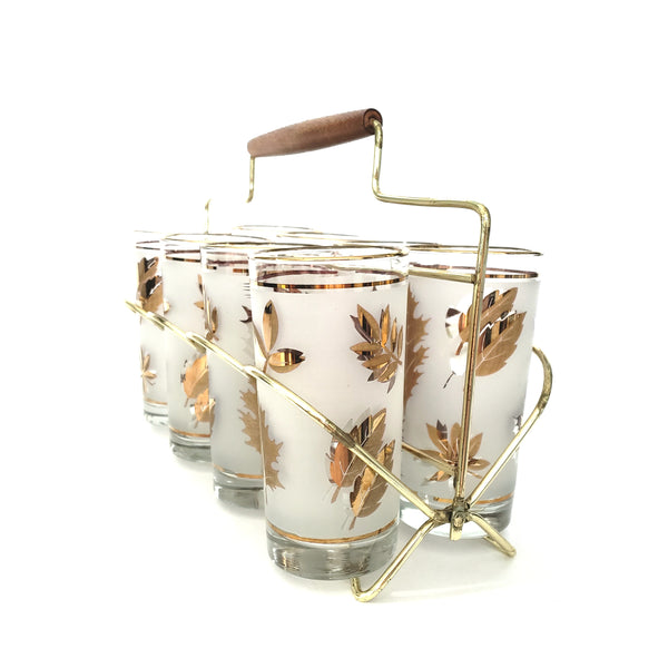 Mid Century Frosted Gold Leaves Glass Set of 8 Metal Carrier Wood Grip by Libbey
