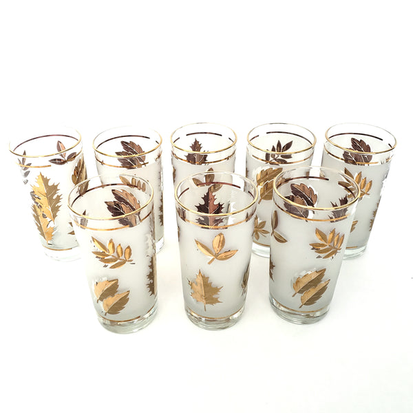 Mid Century Frosted Gold Leaves Glass Set of 8 Metal Carrier Wood Grip by Libbey
