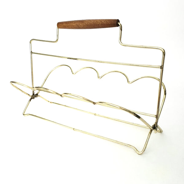 Mid Century Frosted Gold Leaves Glass Set of 8 Metal Carrier Wood Grip by Libbey