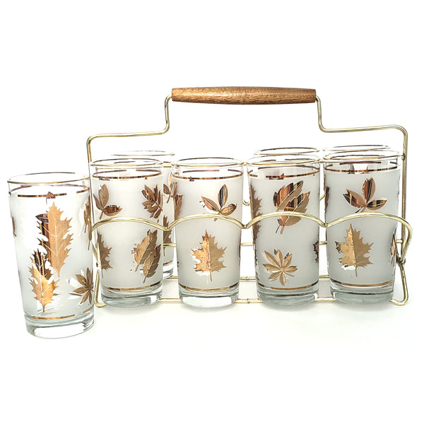 Mid Century Frosted Gold Leaves Glass Set of 8 Metal Carrier Wood Grip by Libbey