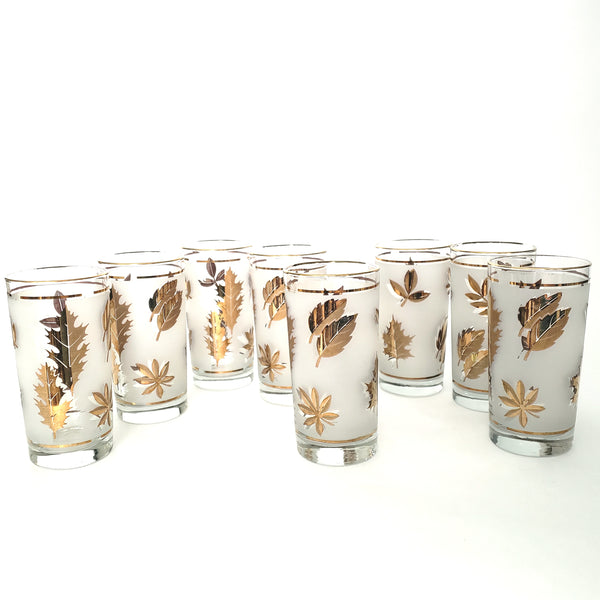 Mid Century Frosted Gold Leaves Glass Set of 8 Metal Carrier Wood Grip by Libbey