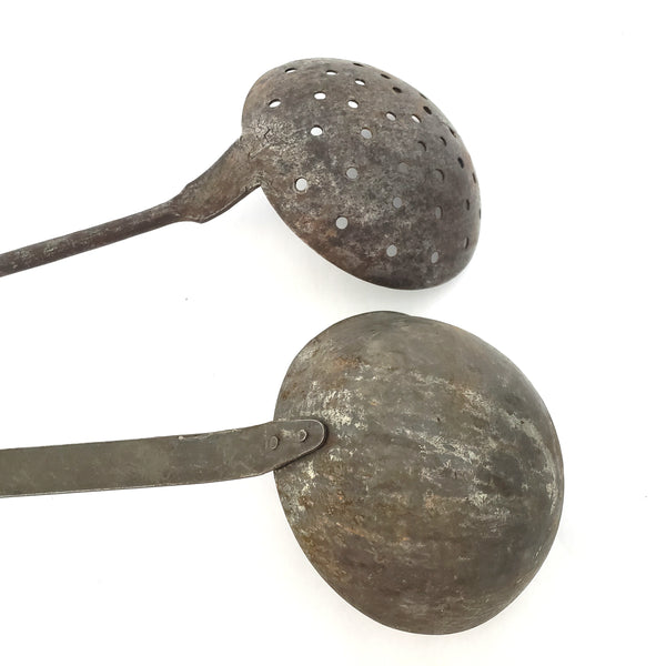 Early American Rustic Iron Ladle and Skimmer Kitchen Hearth Accent