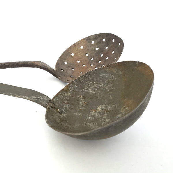 Early American Rustic Iron Ladle and Skimmer Kitchen Hearth Accent