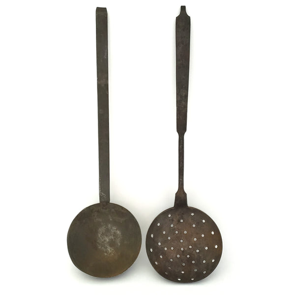 Early American Rustic Iron Ladle and Skimmer Kitchen Hearth Accent