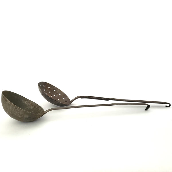Early American Rustic Iron Ladle and Skimmer Kitchen Hearth Accent