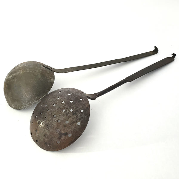 Early American Rustic Iron Ladle and Skimmer Kitchen Hearth Accent