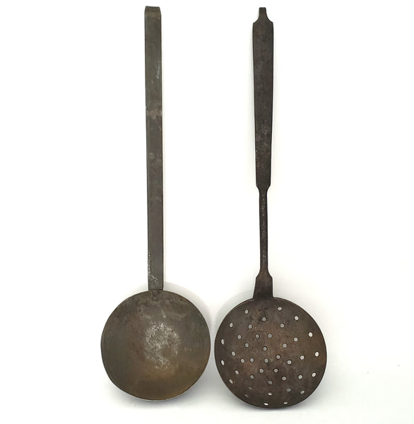 Early American Rustic Iron Ladle and Skimmer Hearth Accent