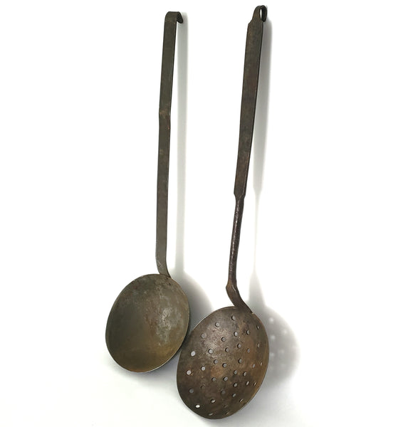 Early American Rustic Iron Ladle and Skimmer Kitchen Hearth Accent
