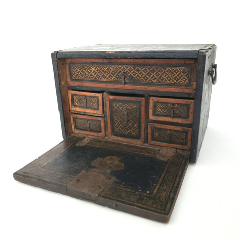 Antique Wooden Black Decorated Table Top Jewelry Chest Double Side Handles 6 Drawers