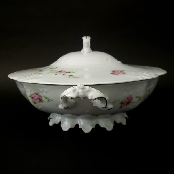 Antique Round Covered Vegetable Serving Bowl by Habsburg #3739 Pink Floral