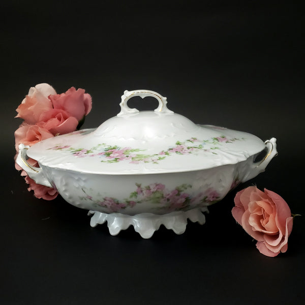 Antique Round Covered Vegetable Serving Bowl by Habsburg #3739 Pink Floral