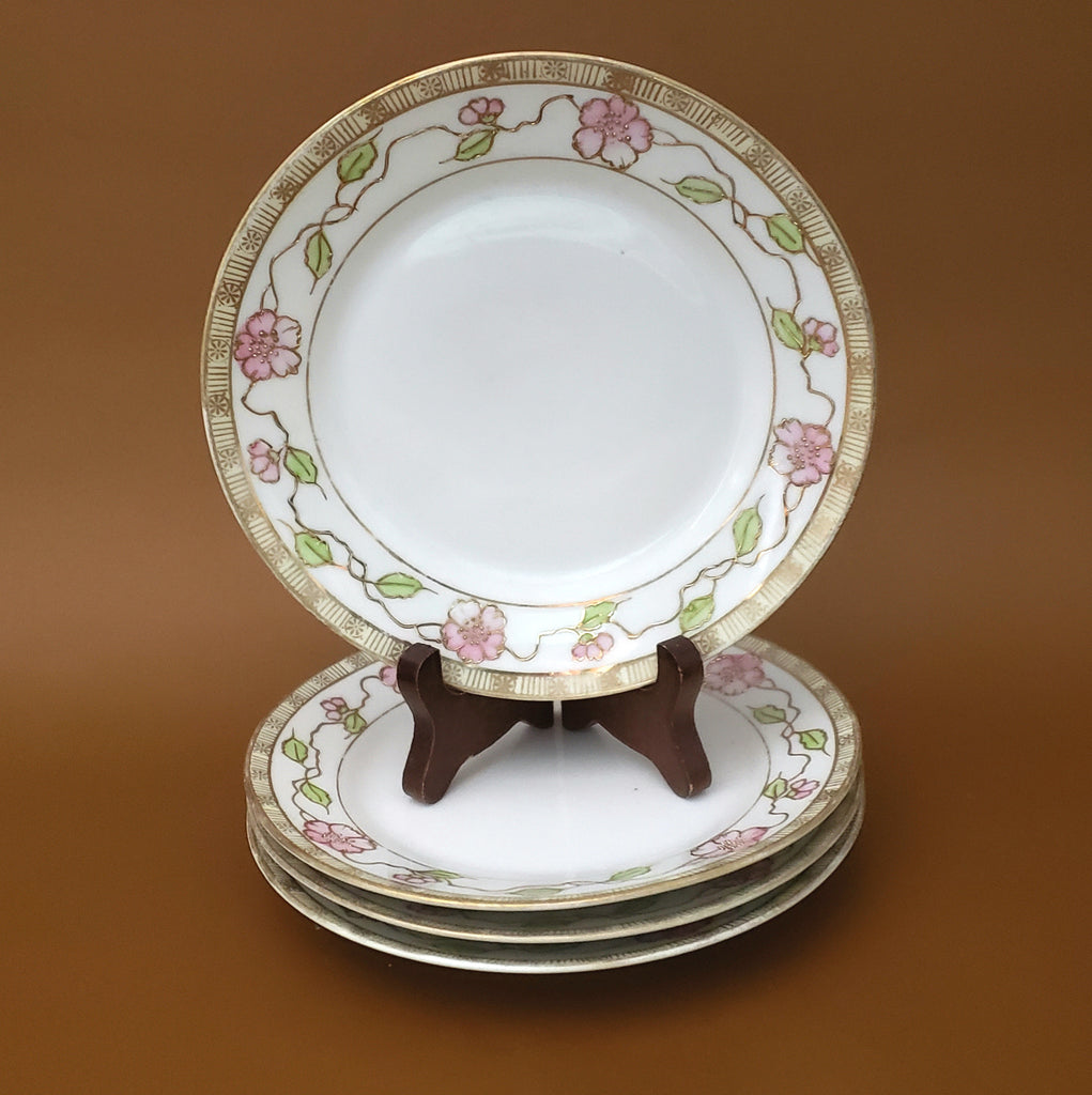 Antique Nippon Bread & Butter Plates Set of 4 Pink Floral Green and Moriage Decoration