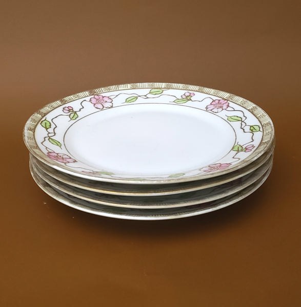 Antique Nippon Bread & Butter Plates Set of 4 Pink Floral Green and Moriage Decoration