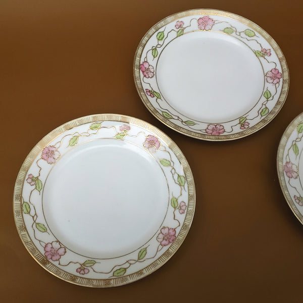 Antique Nippon Bread & Butter Plates Set of 4 Pink Floral Green and Moriage Decoration