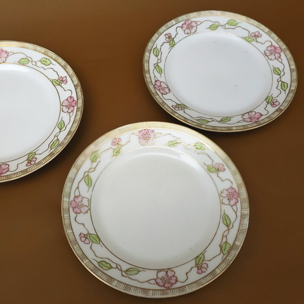 Antique Nippon Bread & Butter Plates Set of 4 Pink Floral Green and Moriage Decoration