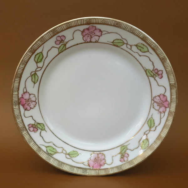 Antique Nippon Bread & Butter Plates Set of 4 Pink Floral Green and Moriage Decoration