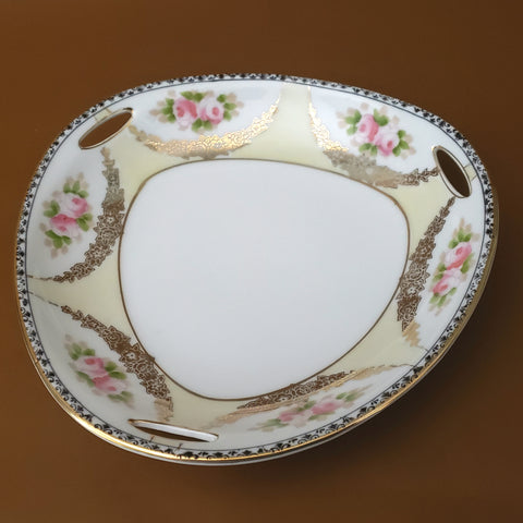 Noritake Triangular Porcelain Bon Bon Serving Dish Pierced Handles Roses Gold Swag