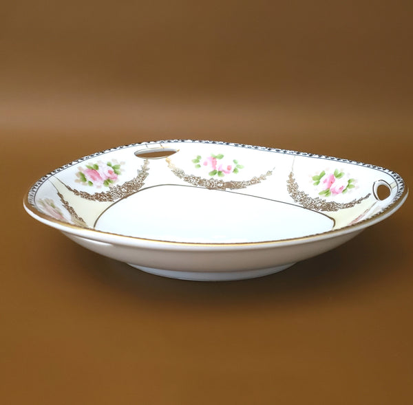 Noritake Triangular Porcelain Bon Bon Serving Dish Pierced Handles Roses Gold Swag
