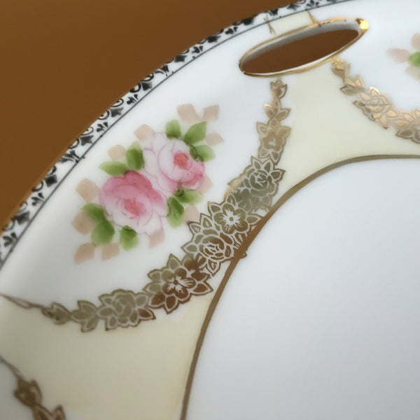 Noritake Triangular Porcelain Bon Bon Serving Dish Pierced Handles Roses Gold Swag