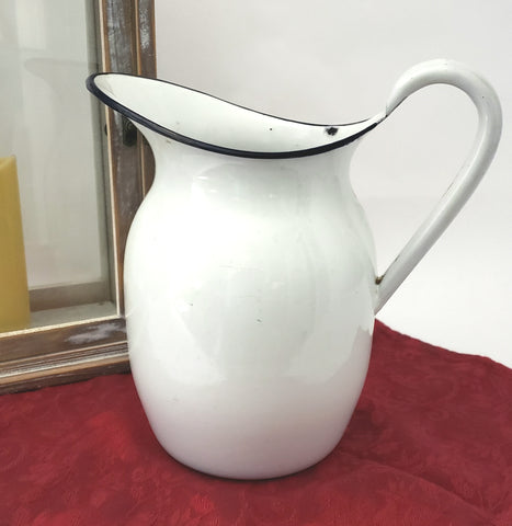 Antique White Enamelware Pitcher with Black Trim 9 1/2" Farmhouse Accent