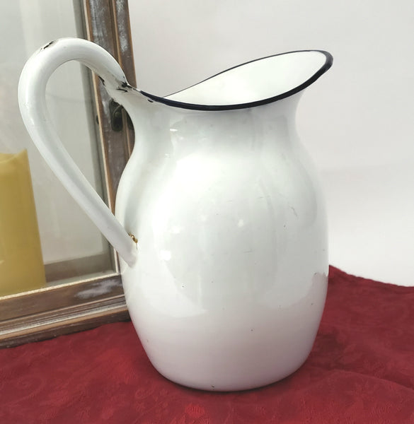 Antique White Enamelware Pitcher with Black Trim 9 1/2" Farmhouse Accent