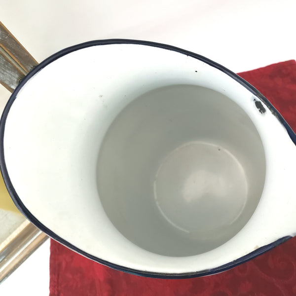 Antique White Enamelware Pitcher with Black Trim 9 1/2" Farmhouse Accent