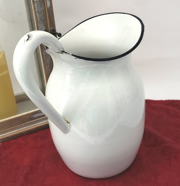 Antique White Enamelware Pitcher with Black Trim 9 1/2" Farmhouse Accent