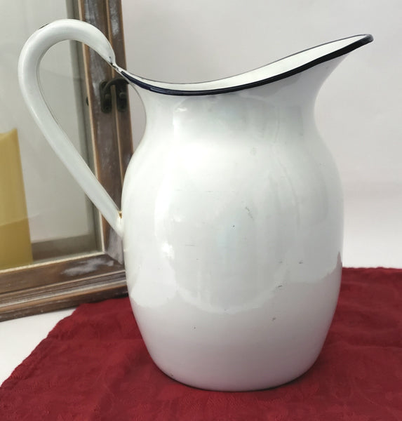 Antique White Enamelware Pitcher with Black Trim 9 1/2" Farmhouse Accent