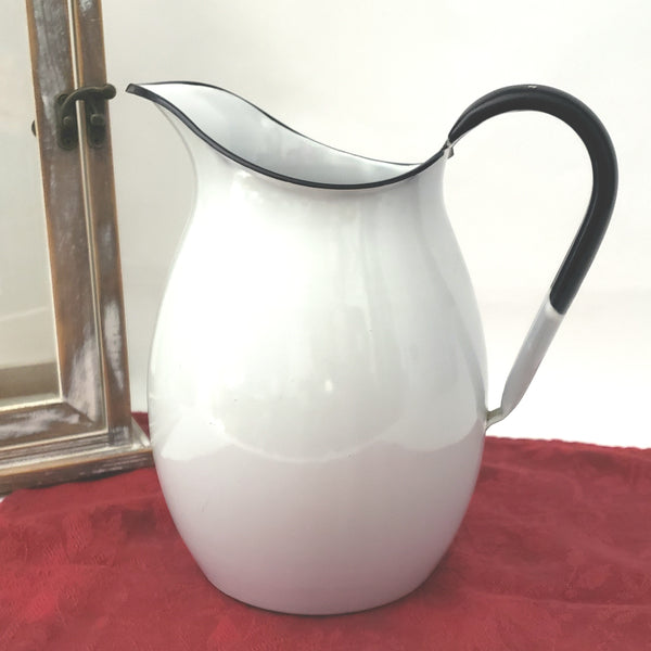 Antique White Enamelware Pitcher with Black Trim 8 1/4" Farmhouse Accent