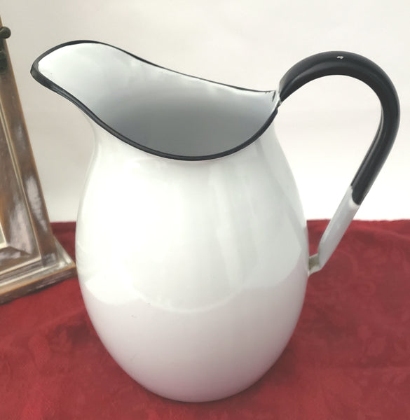 Antique White Enamelware Pitcher with Black Trim 8 1/4" Farmhouse Accent