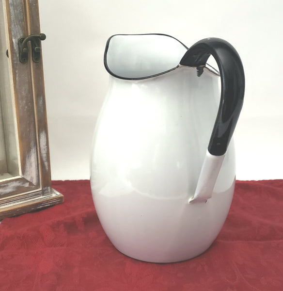 Antique White Enamelware Pitcher with Black Trim 8 1/4" Farmhouse Accent