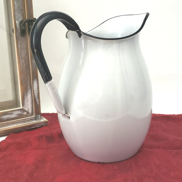 Antique White Enamelware Pitcher with Black Trim 8 1/4" Farmhouse Accent