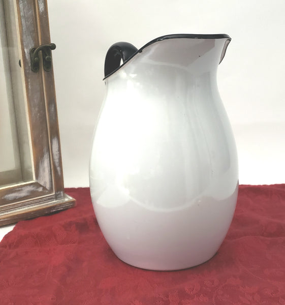 Antique White Enamelware Pitcher with Black Trim 8 1/4" Farmhouse Accent