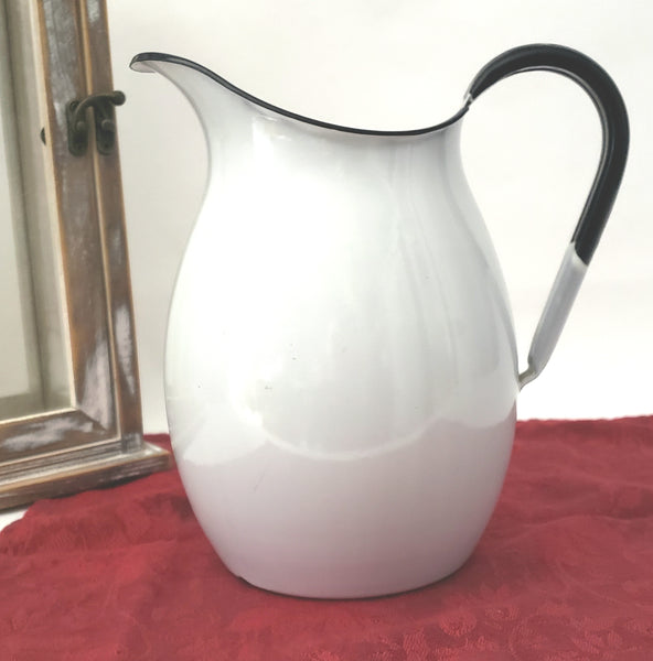 Antique White Enamelware Pitcher with Black Trim 8 1/4" Farmhouse Accent