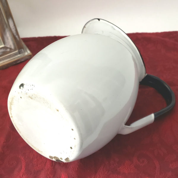 Antique White Enamelware Pitcher with Black Trim 8 1/4" Farmhouse Accent