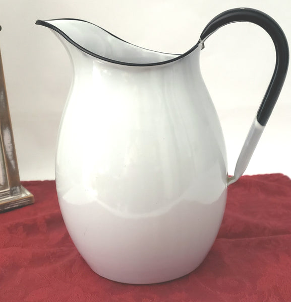 Antique White Enamelware Pitcher with Black Trim 8 1/4" Farmhouse Accent