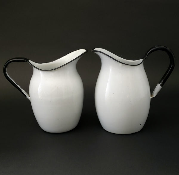 Pair of Antique White Enamelware Black Trim Pitchers Petite Size