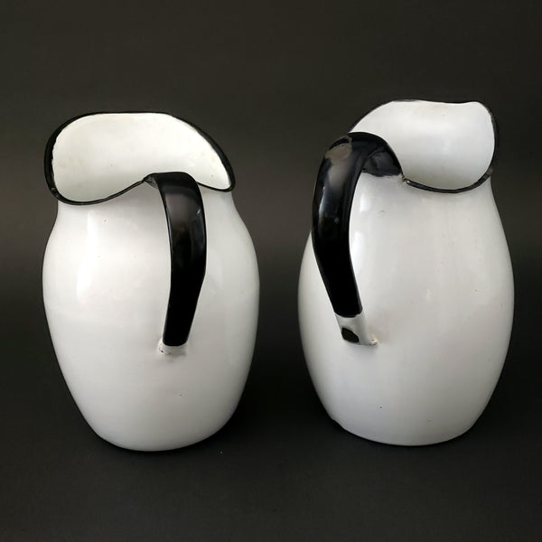 Pair of Antique White Enamelware Black Trim Pitchers Petite Size