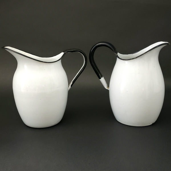 Pair of Antique White Enamelware Black Trim Pitchers Petite Size