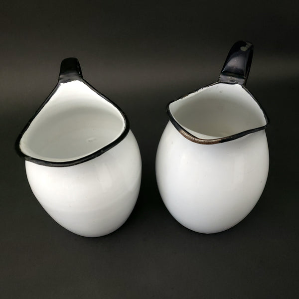 Pair of Antique White Enamelware Black Trim Pitchers Petite Size