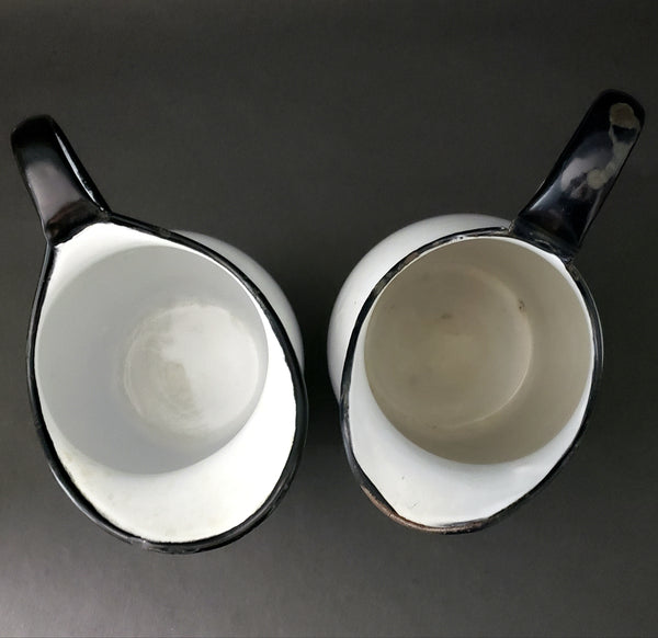 Pair of Antique White Enamelware Black Trim Pitchers Petite Size