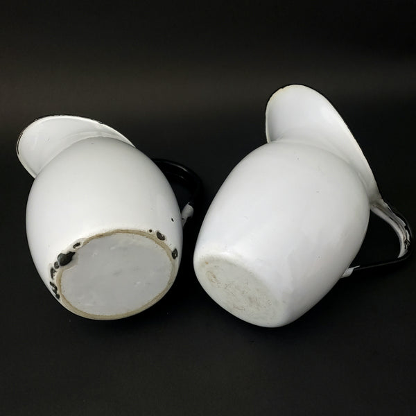 Pair of Antique White Enamelware Black Trim Pitchers Petite Size