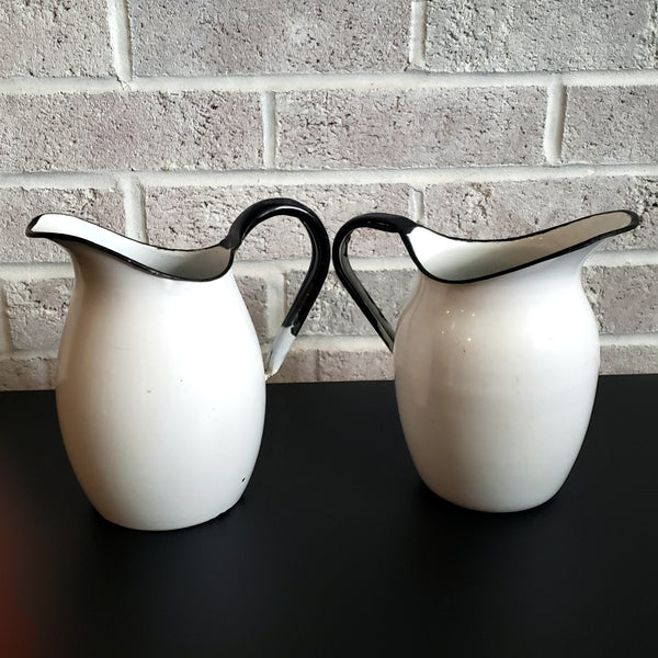 Pair of Antique White Enamelware Black Trim Pitchers Petite Size